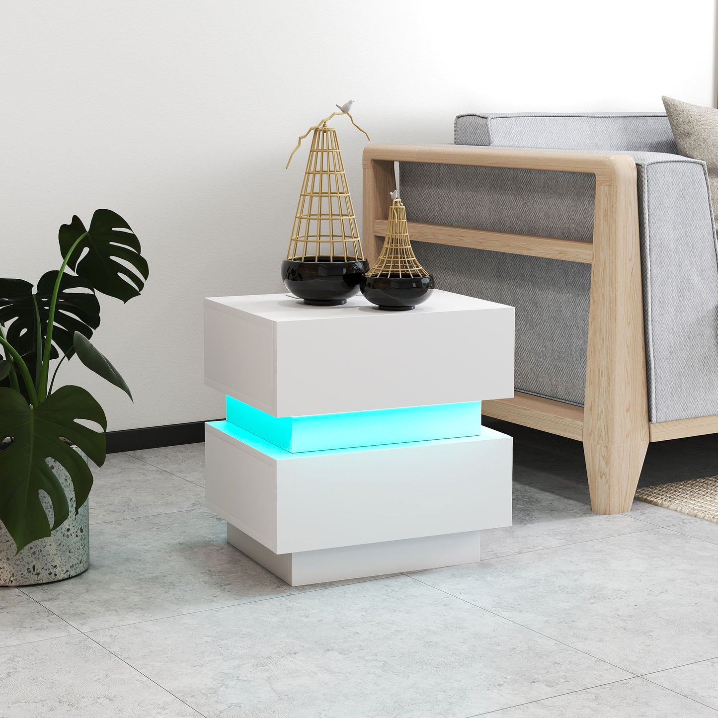 Bedside Table with Charging Station and LED Light Modern Nightstand with USB Ports AC Outlets Drawers Remote, White