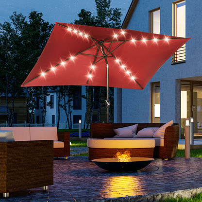6.5x10ft Wine Red Aluminum Market Parasol with Solar LEDs