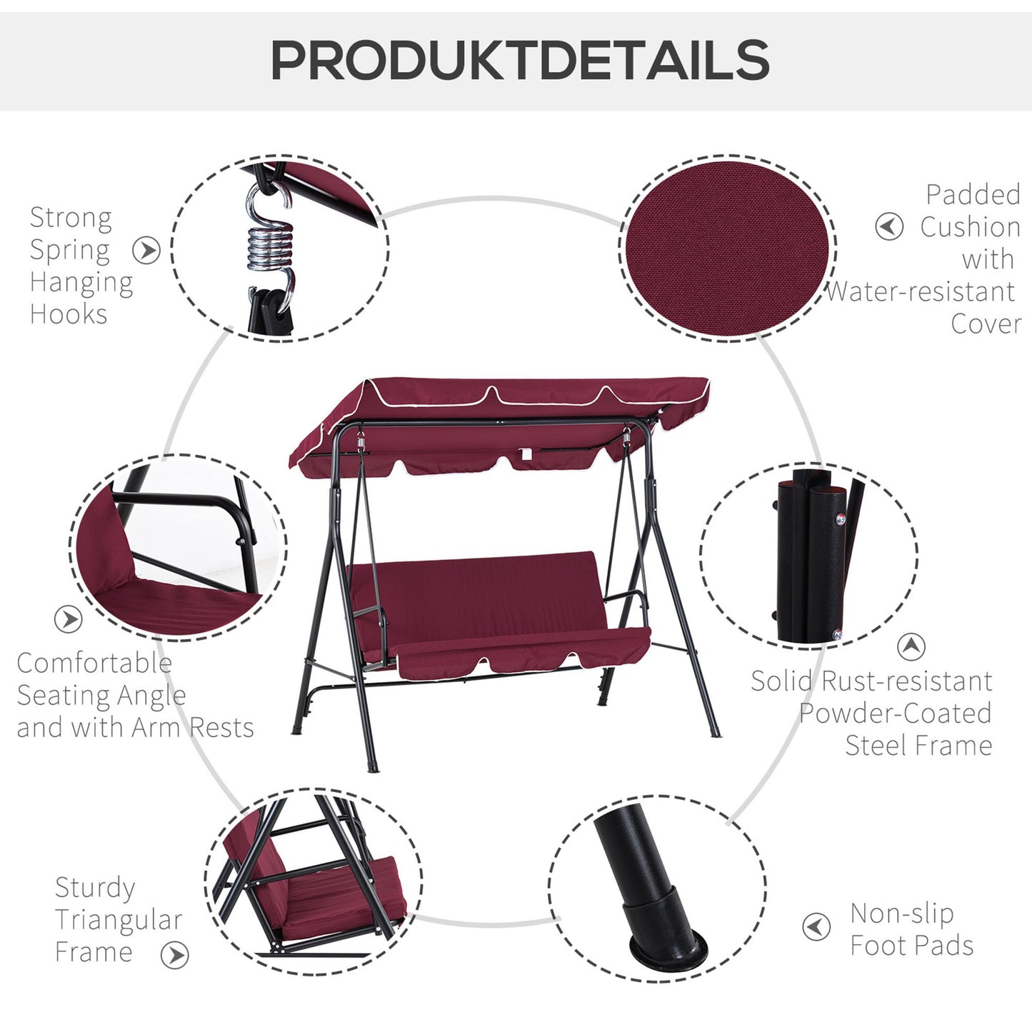 3-Seater Outdoor Porch Swing with Adjustable Canopy, Patio Swing Chair for Garden, Poolside, Backyard, Wine Red
