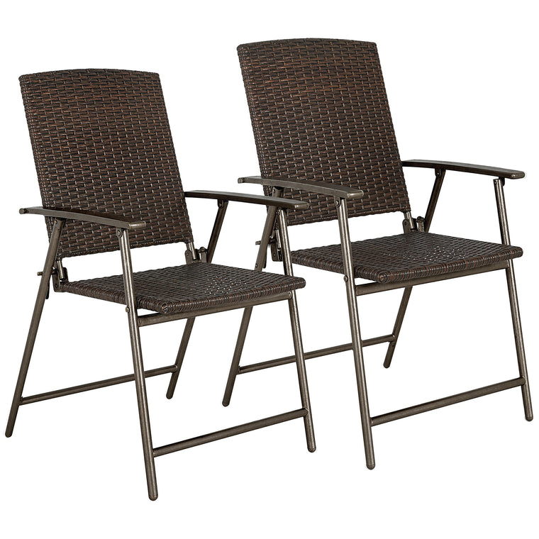 Set of 2 Brown Rattan Folding Dining Chairs