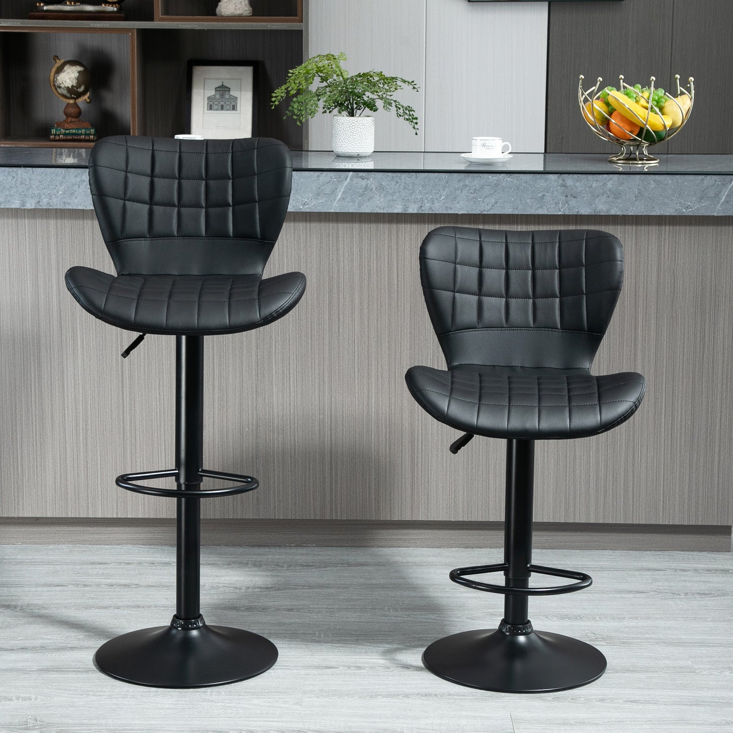 Bar Stools Set of 2, Adjustable Height Swivel Bar Chairs, PU Leather Upholstered Kitchen Counter Stools with Wide Seat, Back and Footrest, Black