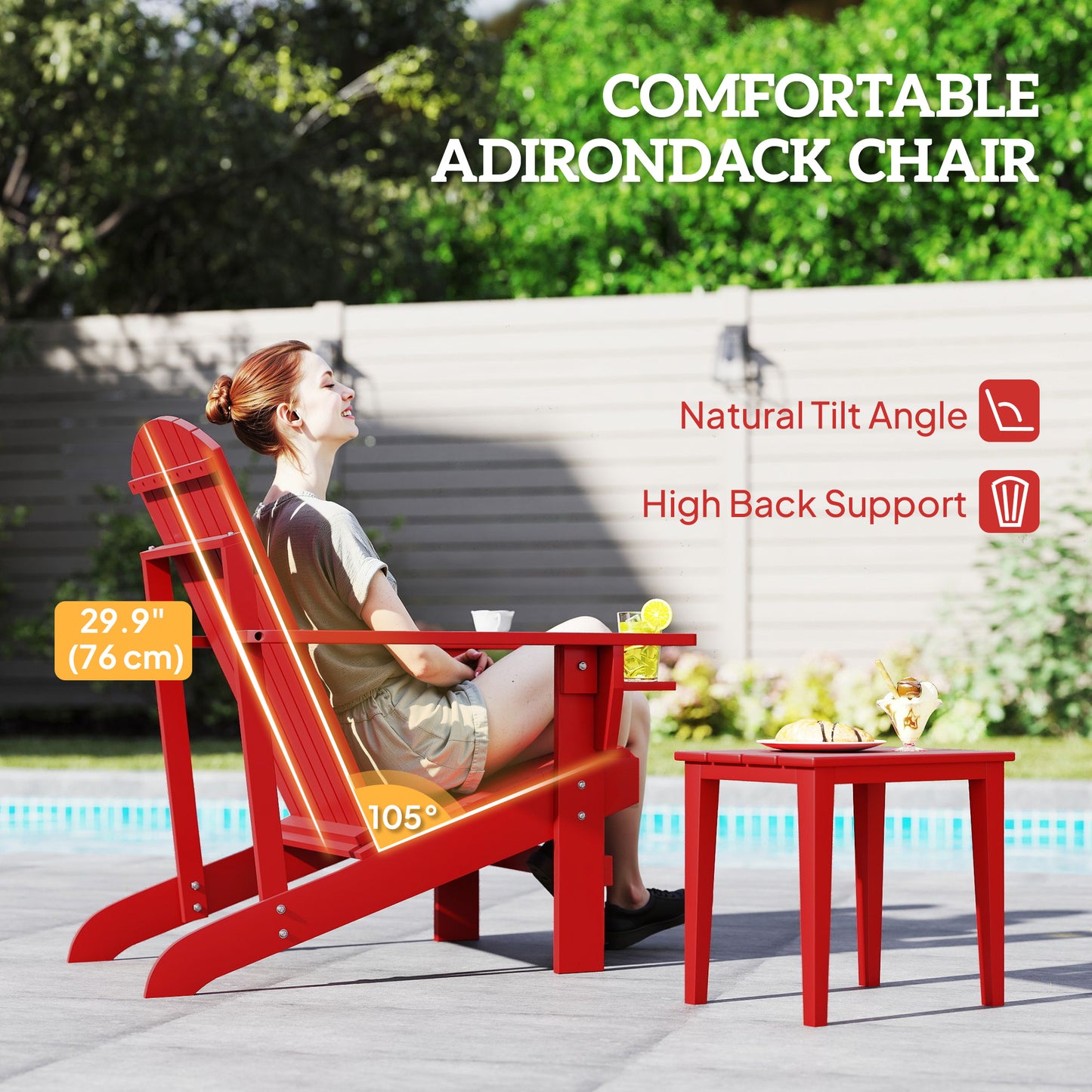 Classic Adirondack Chair, Muskoka Chairs, Garden Deck Chair with Cup Holder for Patio, Indoor, Backyard, Red