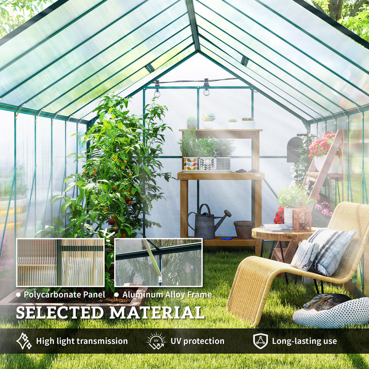 16' x 8' Green Polycarbonate Greenhouse with Roof Vent & Sliding Door