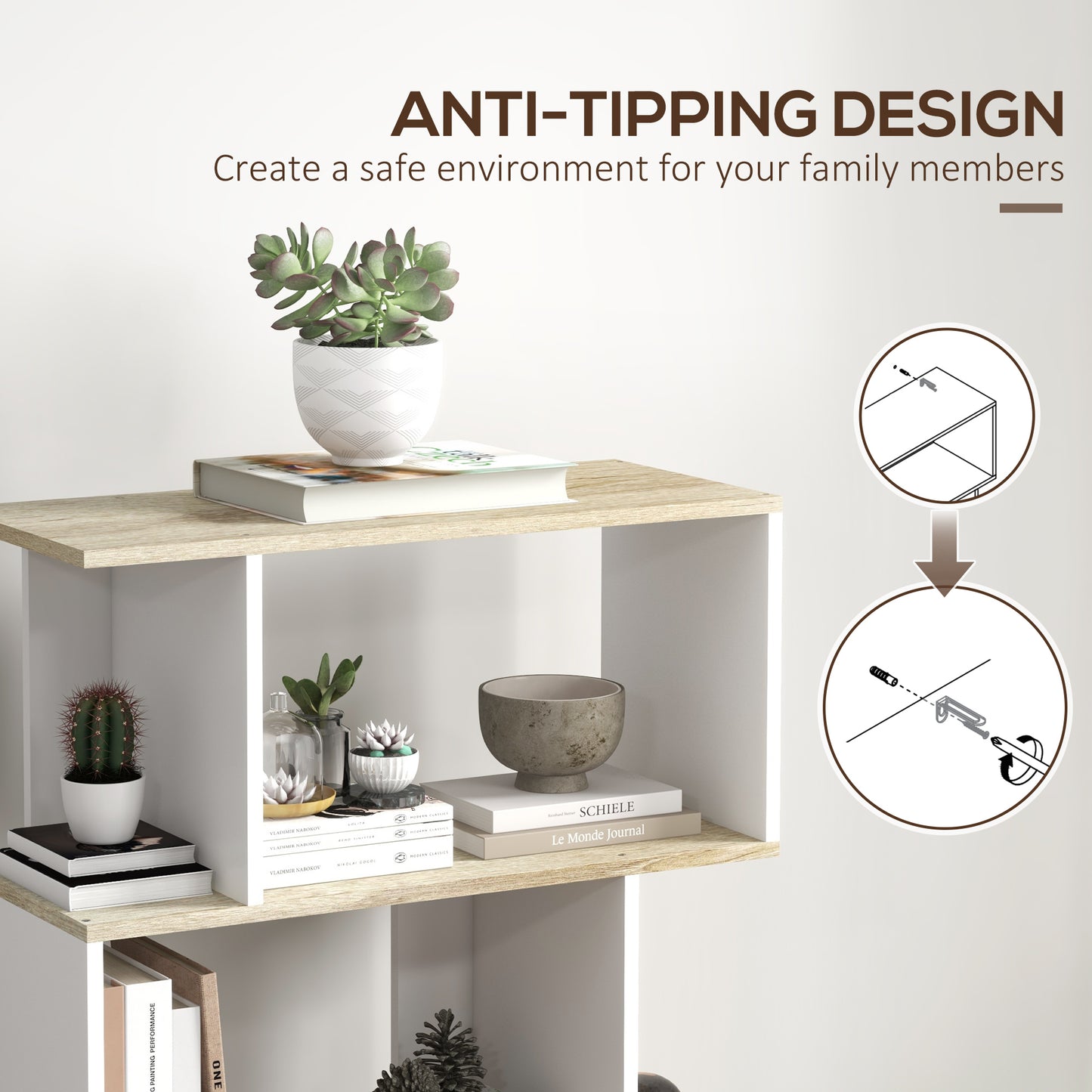 5-Tier Bookshelf, Geometric S-Shaped Bookcase, Tall Narrow Display Shelf for Living Room, Study Room, White
