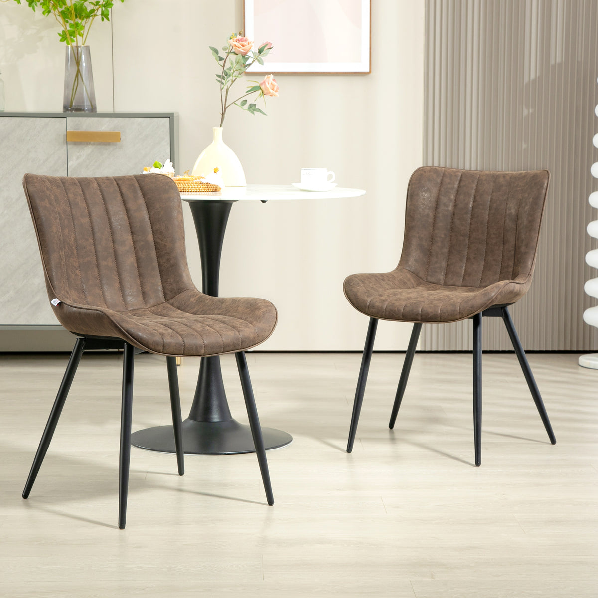 Dining Chairs Set of 2, PU Leather Upholstered Kitchen Chairs with Backrest and Steel Legs, Brown