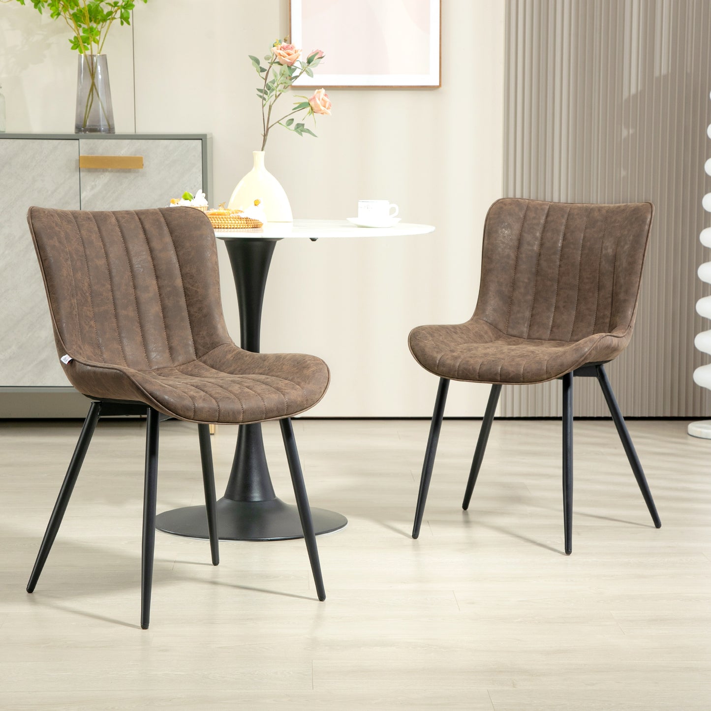 Dining Chairs Set of 2, PU Leather Upholstered Kitchen Chairs with Backrest and Steel Legs, Brown