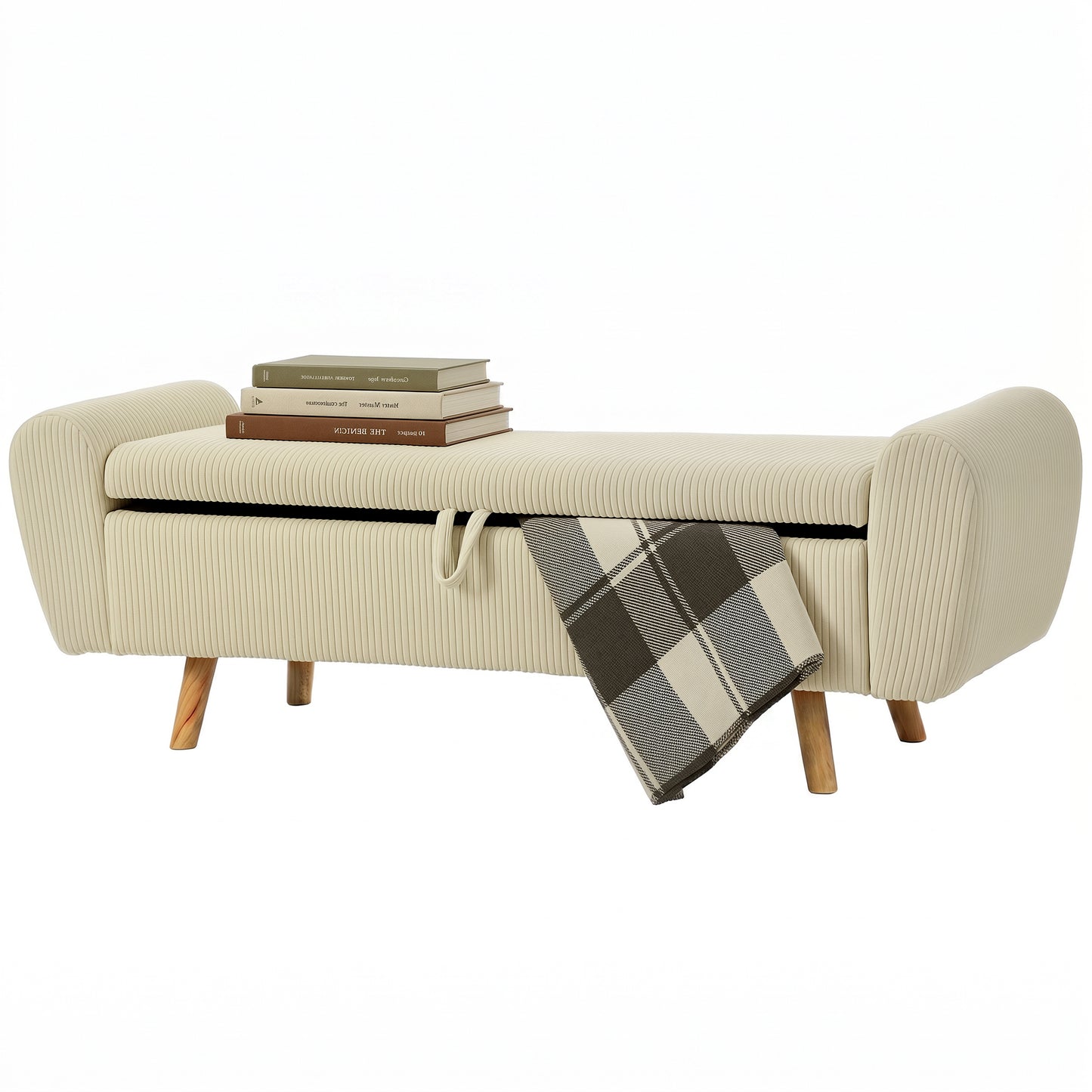 Storage Ottoman, 59" Corduroy End of Bed Storage Bench for King Size Bed with Wooden Legs and Rolled Arms, Beige
