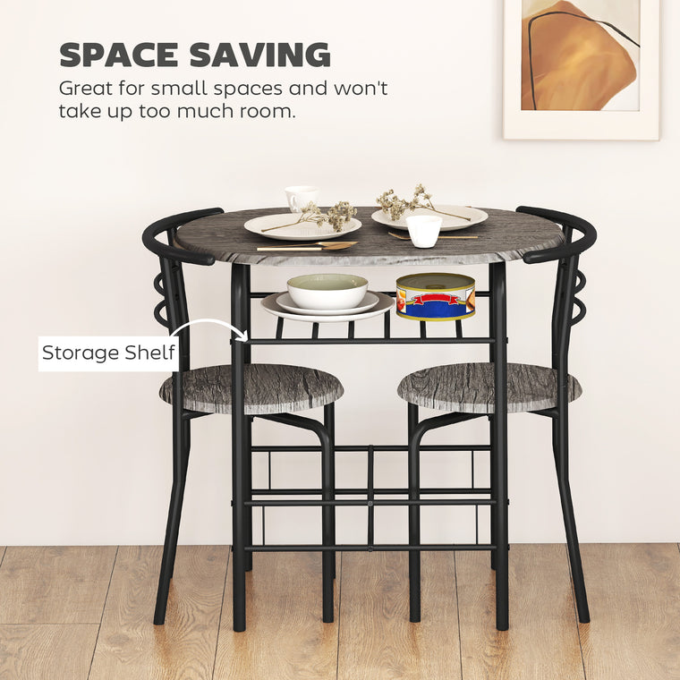 3-Piece Dining Set for 2 with Shelf - Charcoal Grey