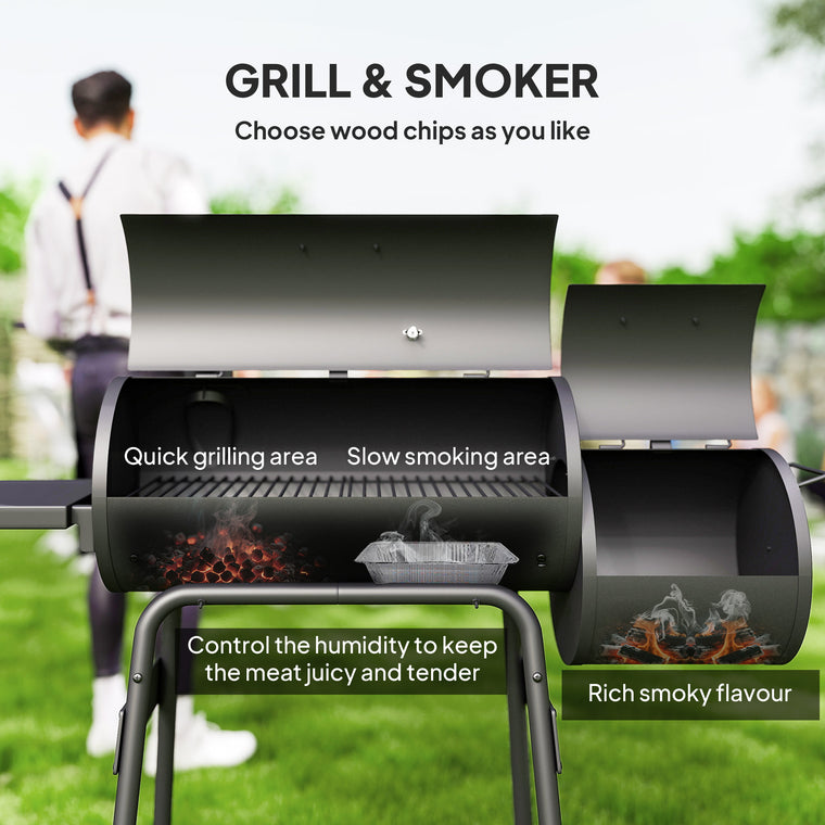 124 x 53 x 104 cm Black Charcoal BBQ Grill with Offset Smoker