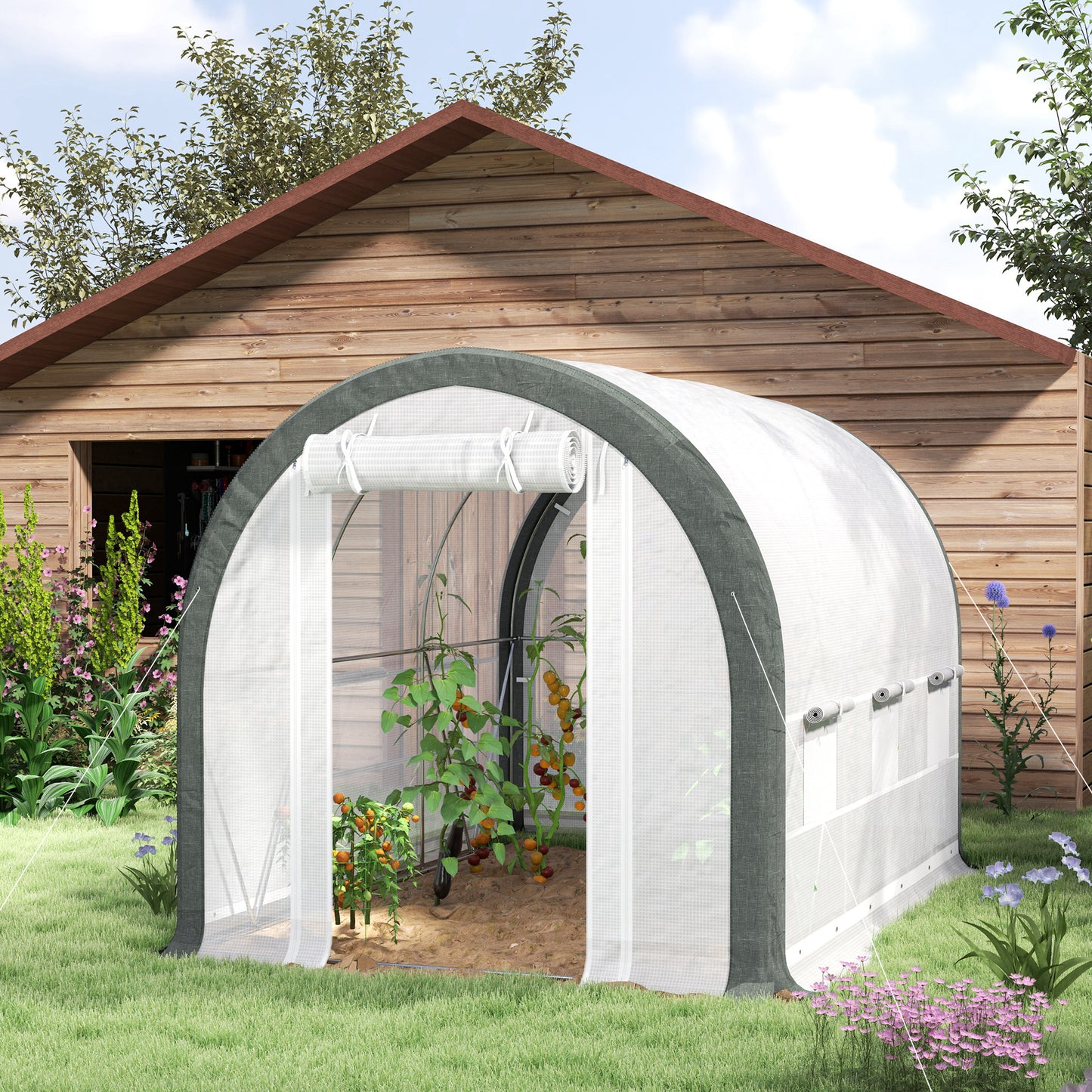 Upgraded Tunnel Greenhouse Green House with Mesh Door and Windows, 6 Plant Labels and Gloves, White