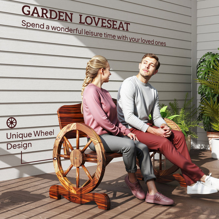 Carbonized Wood Garden Bench with Wagon Wheel Armrests