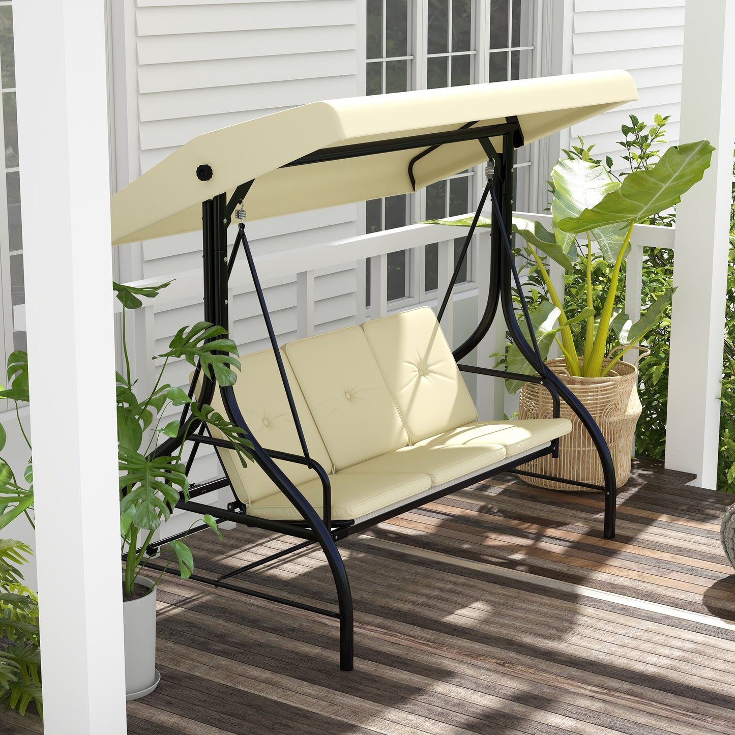 Convertible Patio Swing Bed with Canopy and Cushions, 3 Seater Porch Swing for Outdoor, Backyard, Garden, Beige
