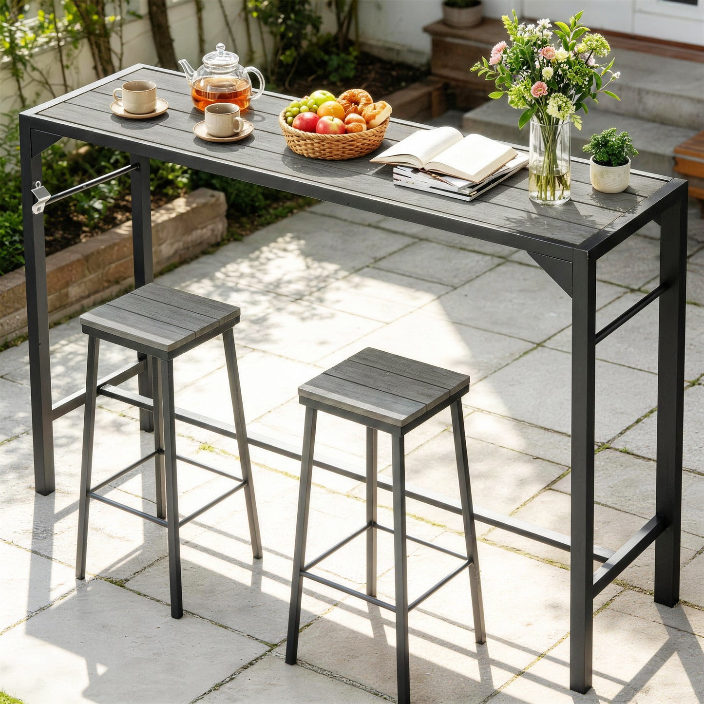 Bar Height Outdoor Table with Built-In Bottle Opener, Patio Bar Table with Wood Grain Plastic Top, 55" x 15" x 39"