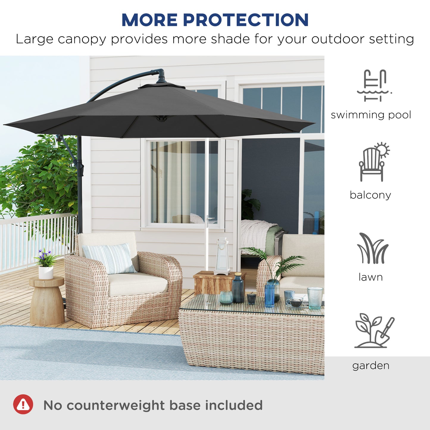 10' Deluxe Patio Umbrella, Outdoor Market Parasol, Banana Hanging Offset Sunshade with Crank, Cross Base, Grey