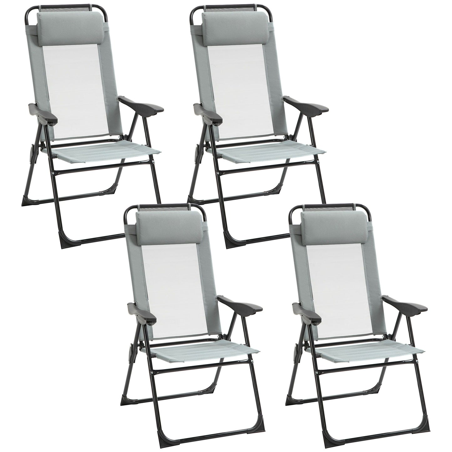 Set of 4 Camping Chairs, Outdoor Folding Lounge Chair Set with 5 Level Adjustable Backrest, Removable Headrest, Armrest for Camping, Backyard, Grey