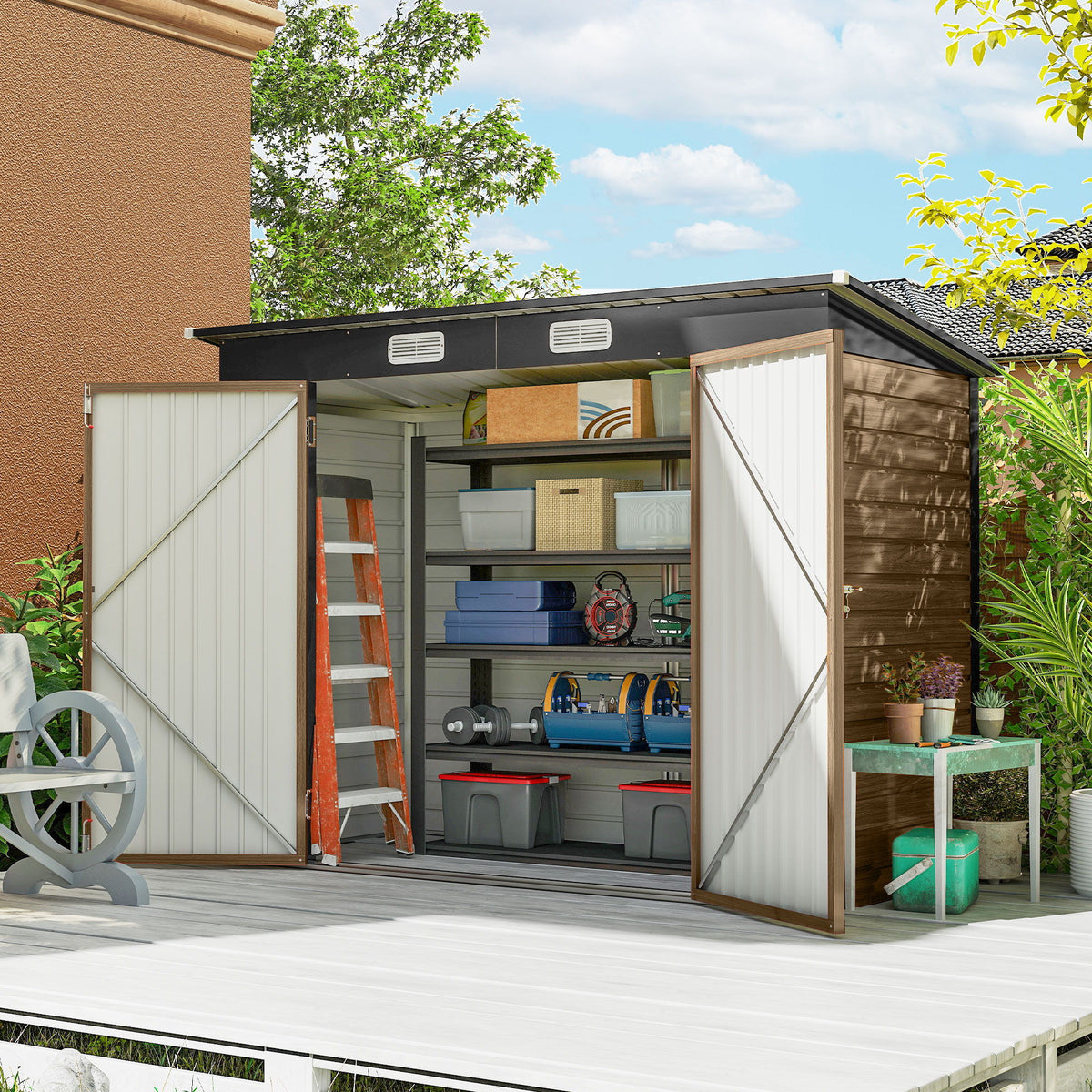 8 x 4 ft Galvanized Garden Storage Shed, Metal Outdoor Tool House with Double Doors and Dual Vents for Backyard and Patio Storage, Teak