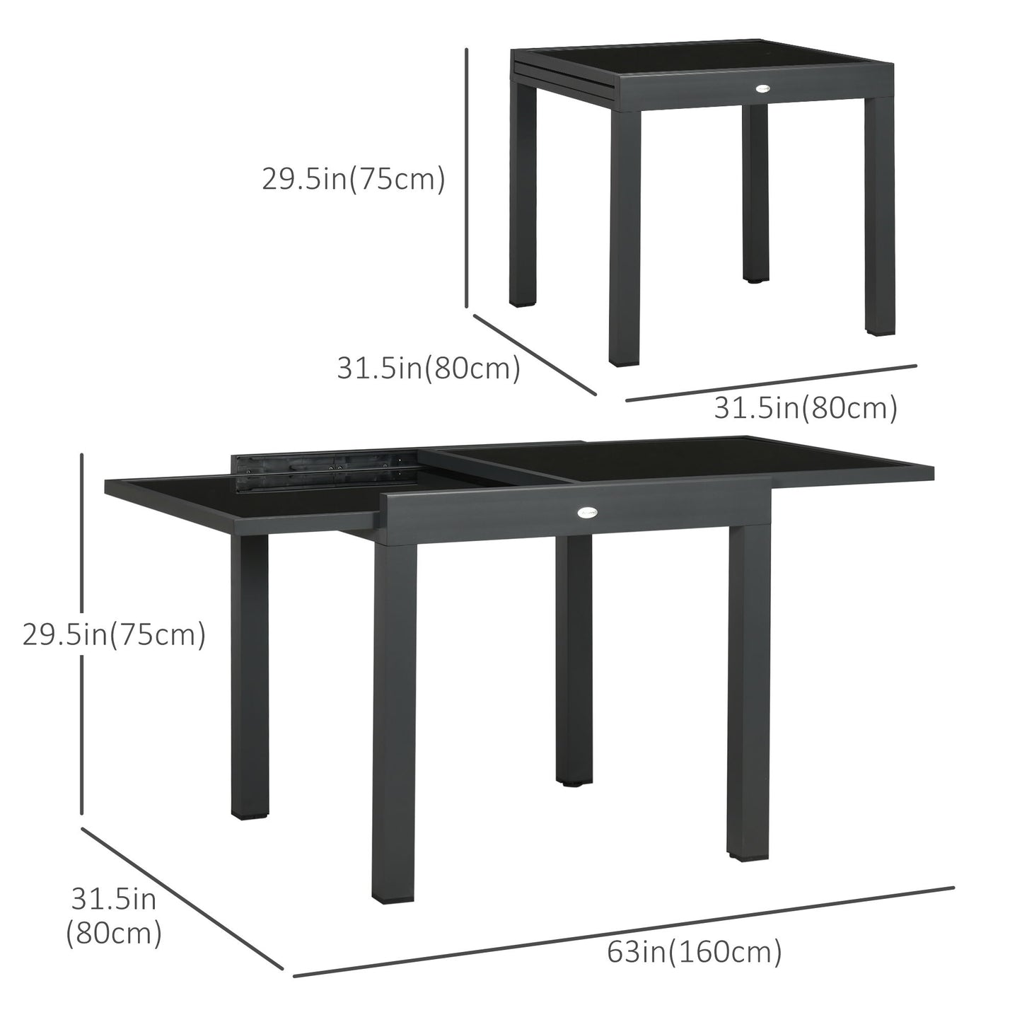 63" Extendable Outdoor Dining Table Patio Table with Aluminum Frame and Tempered Glass Tabletop, Black