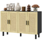 Boho Sideboard Buffet Cabinet, Storage Cabinet with 4 Rattan Doors and Adjustable Shelves, Black