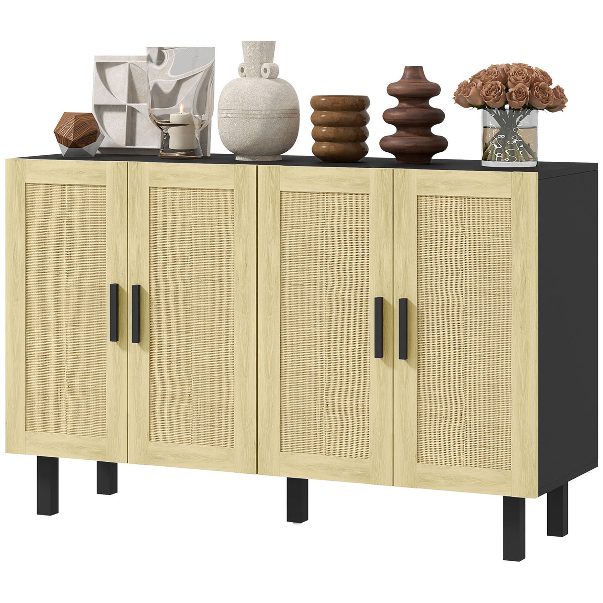 Boho Sideboard Buffet Cabinet, Storage Cabinet with 4 Rattan Doors and Adjustable Shelves, Black
