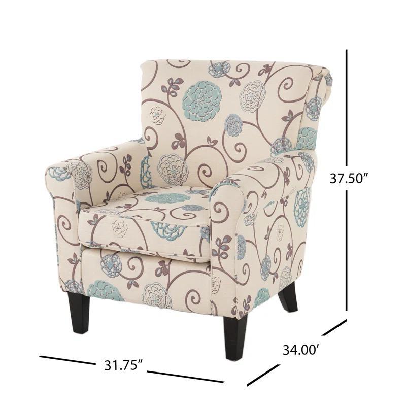 Contemporary Fabric Club Chair with Birch Wood Legs and Tonal Piping, Plush Seating for Ultimate Comfort, 32" L x 34" W x 37.5" H, White+Blue