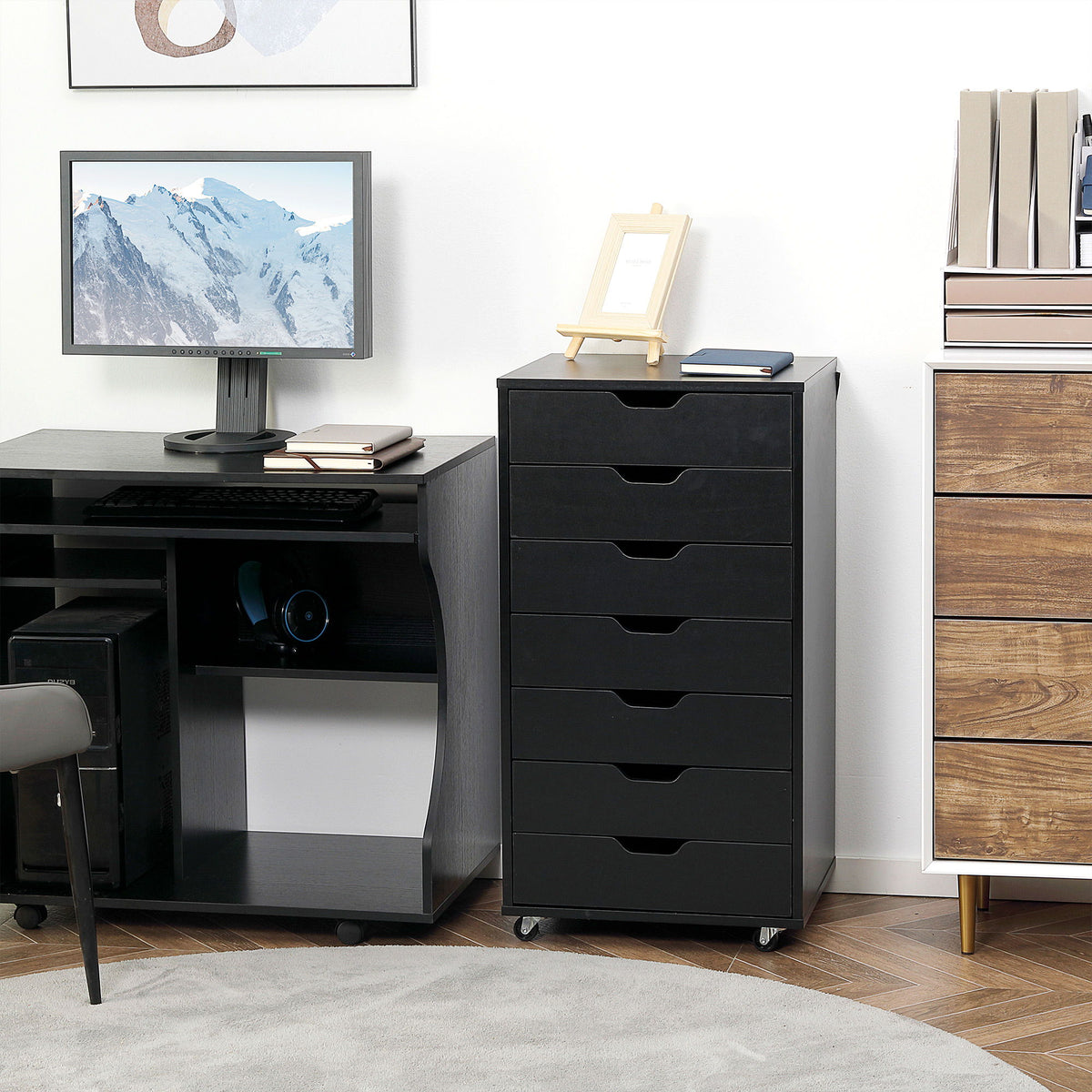 7-drawer Vertical File Cabinet for Home Office, Storage Cabinet with Wheels, 18.7"x15.6"x35.4", Black