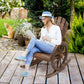 Patio Wooden Rocking Chair, Wagon Outdoor Rocker Chair with Slatted Design and Wheel Armrests for Garden, Carbonized