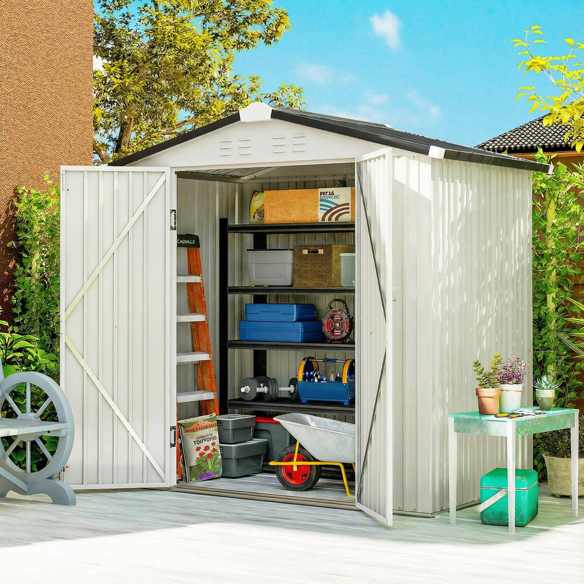 6.5' x 4' Metal Garden Shed with Lockable Doors - Silver-White