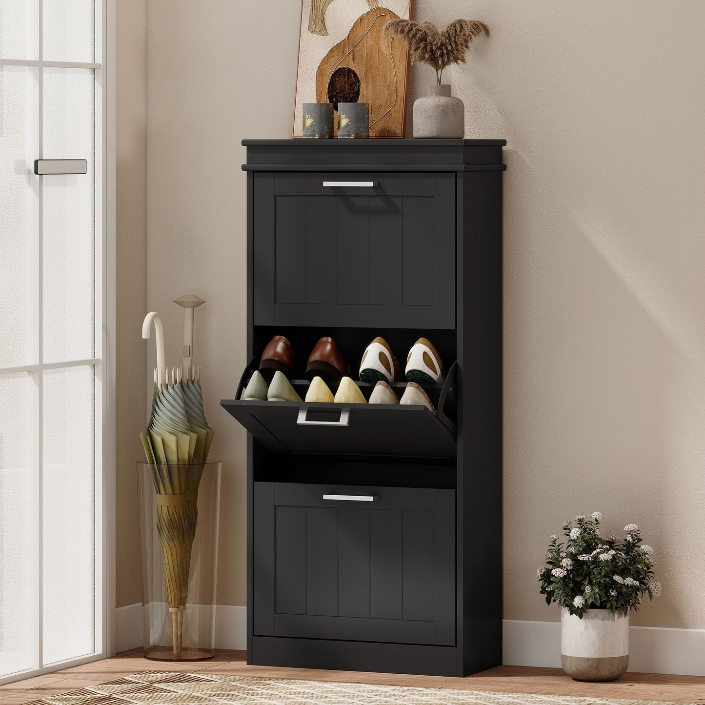 Slim Shoe Cabinet with 3 Flip Drawers and Adjustable Shelves, Narrow Shoe Cabinet for 15 Pairs of Shoes, Black