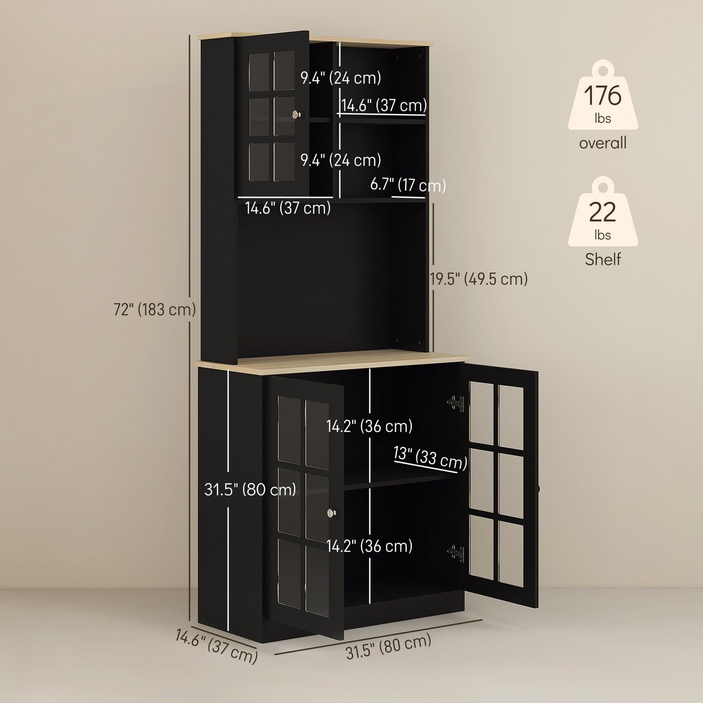 Kitchen Buffet with Hutch and 3 Cabinets - Black