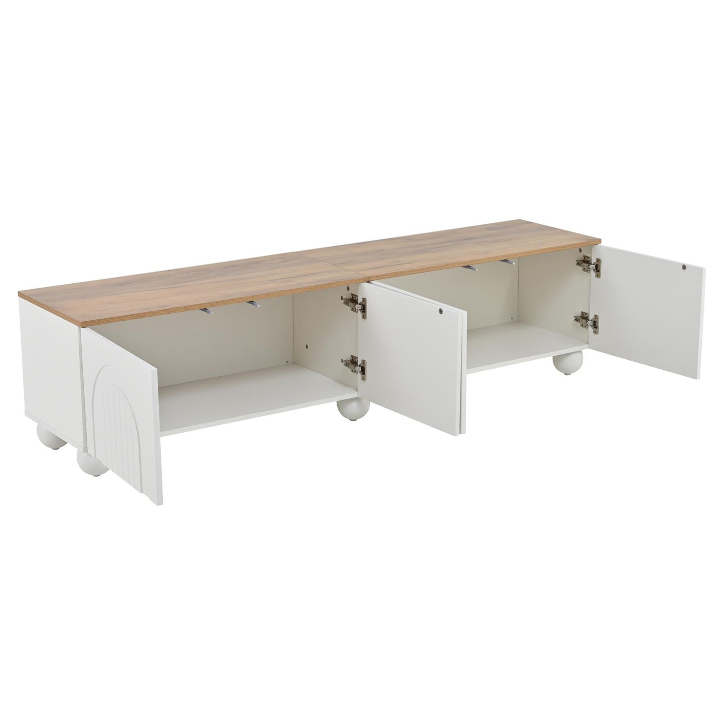 Stylish TV Stand with 4 Doors and Spherical Metal Legs, Sturdy TV Cabinet with Large Closed Storage, 71" L x 15.5" W x 17.5" H, White+Oak