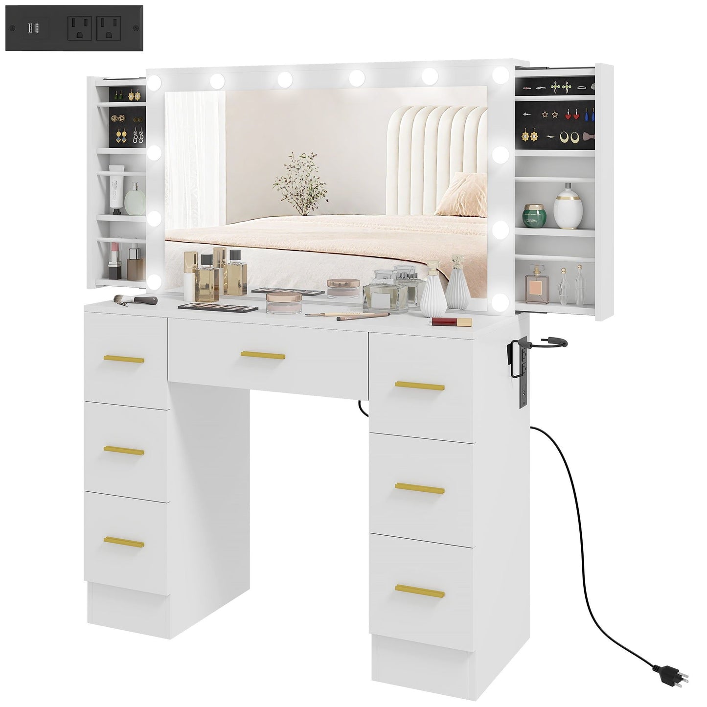 7-Drawer Makeup Vanity Desk with Lighted Mirror - White