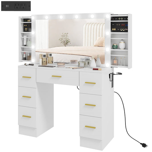 7-Drawer Makeup Vanity Desk with Lighted Mirror - White