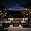 9.7ft Solar LED Cantilever Patio Umbrella with 32 LED Lights, Cross Base, Crank Handle, for Poolside, Deck, Dark Blue