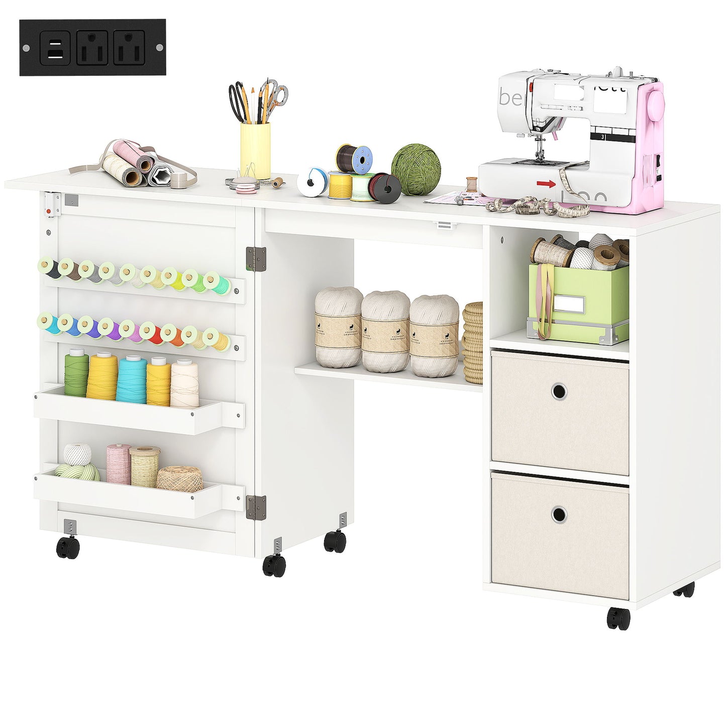 Rolling Sewing Machine Table with Power Outlet, Folding Craft Table with 2 Fabric Drawers, 2 Bins and 18 Pegs, White