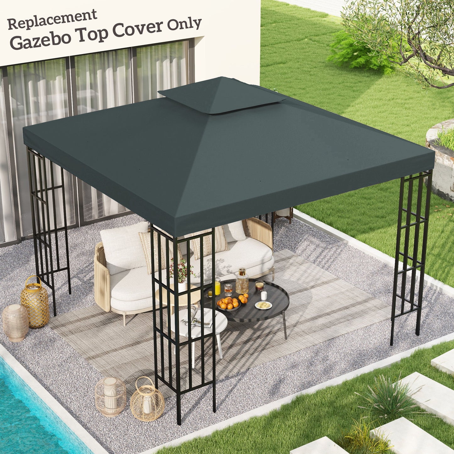 10' x 10' Square 2-Tier Gazebo Canopy Replacement Top Cover Outdoor Garden Sun Shade, Charcoal Grey