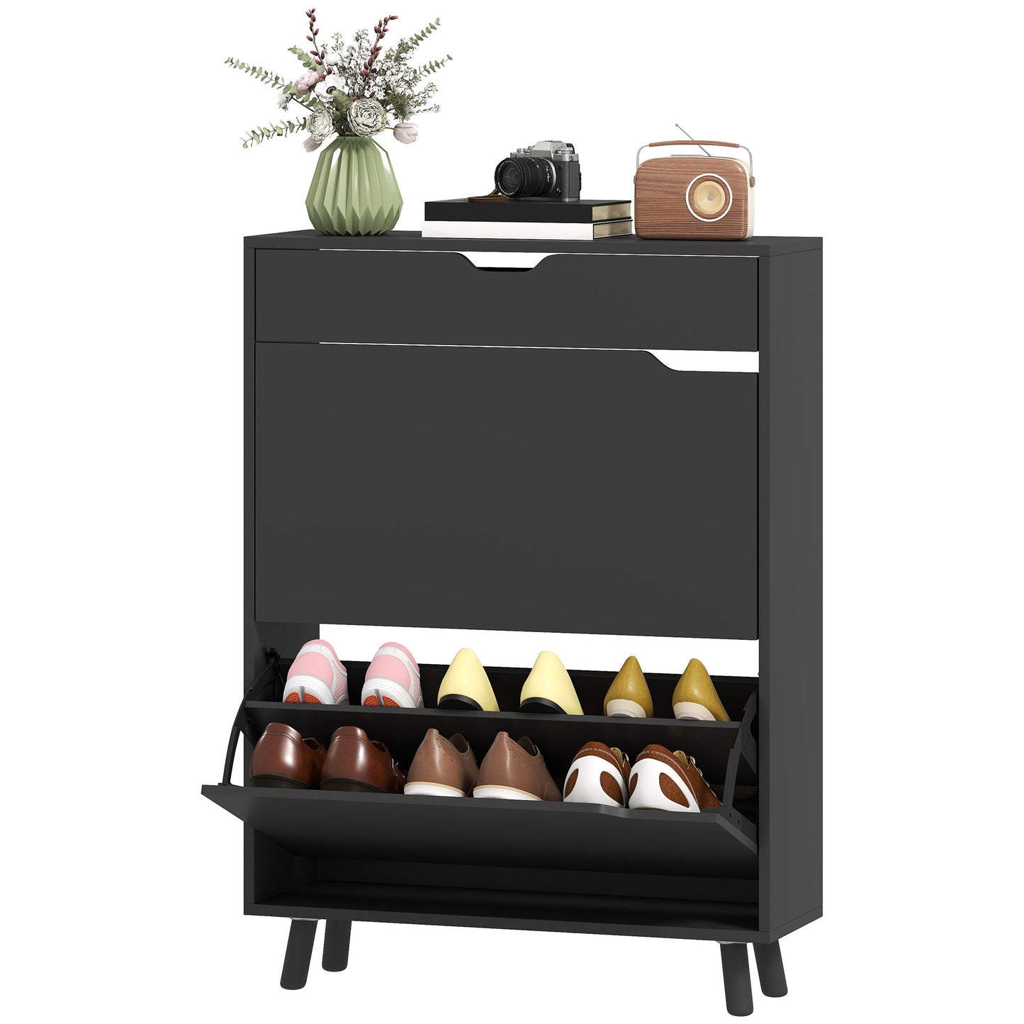 Narrow Shoe Cabinet for Entryway with 2 Flip Drawers, Top Drawer and Adjustable Shelves for 12 Pairs of Shoes, Black