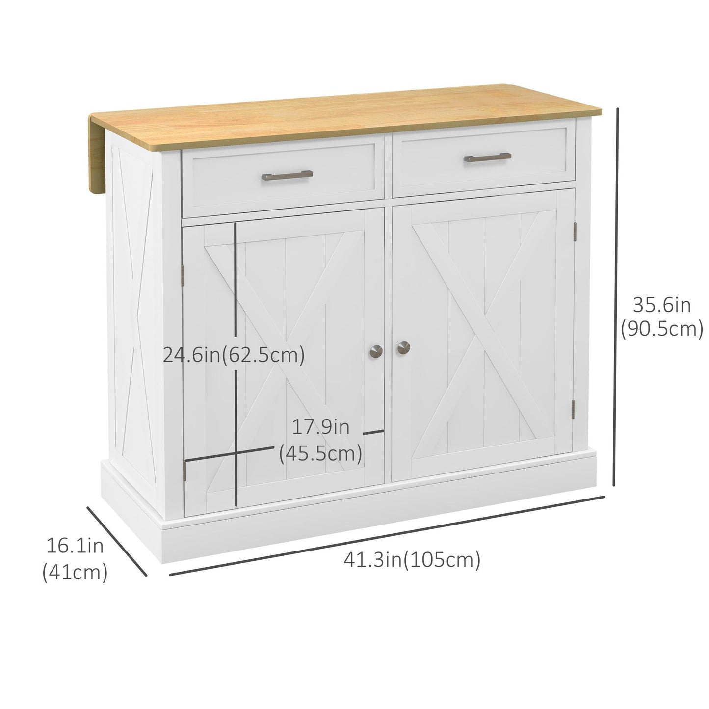 Rolling Kitchen Island with Drop Leaf and Drawers - White