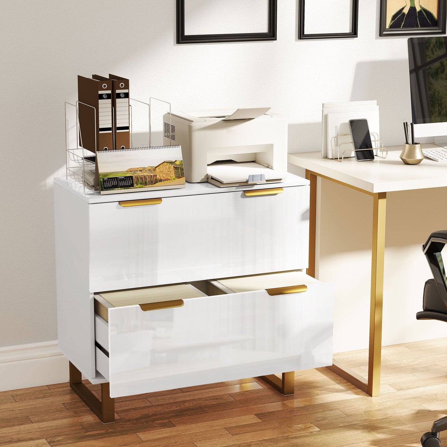 Lateral File Cabinet with 2 Drawers, Modern Filing Cabinet for Letter/A4/Legal Size Files, High Gloss White