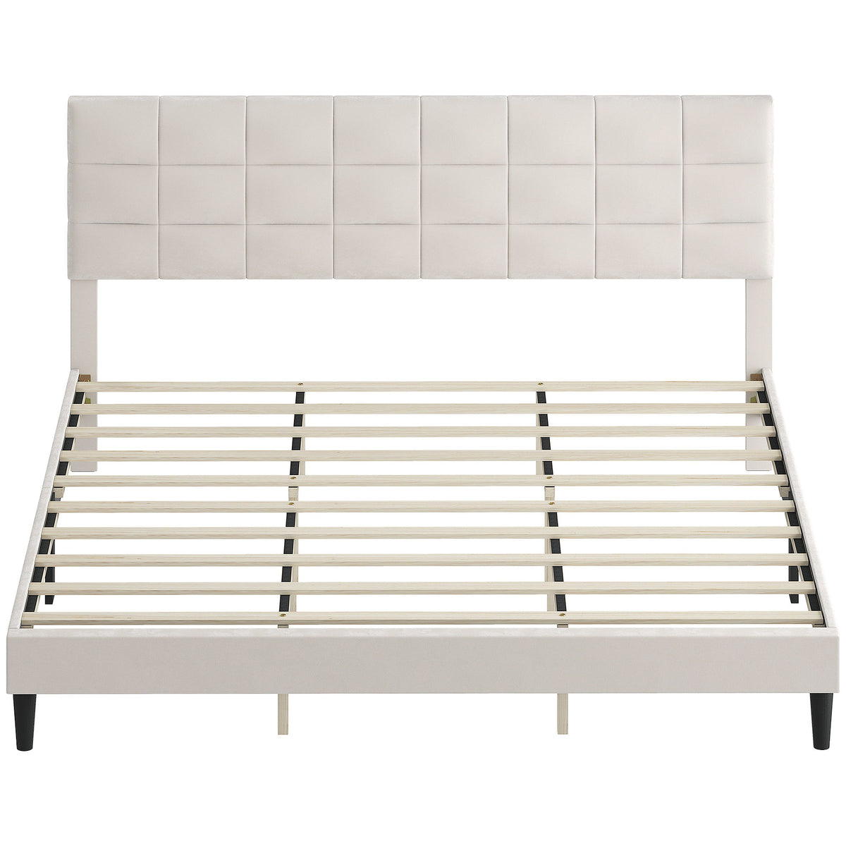 King Size Bed Frame with Upholstered Headboard, Modern Platform Bed Frame with Wood Slats, 1100 lbs Capacity, Cream White