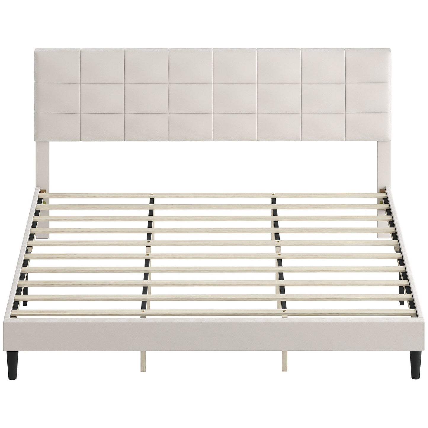 King Size Bed Frame with Upholstered Headboard, Modern Platform Bed Frame with Wood Slats, 1100 lbs Capacity, Cream White