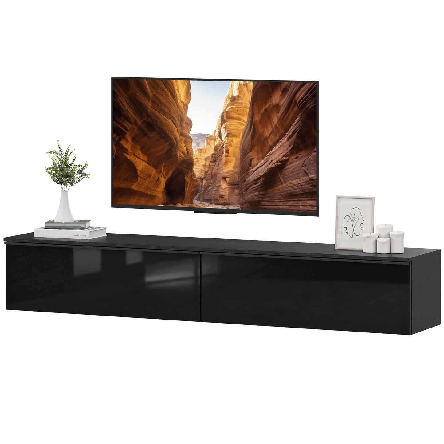 Wall Mounted TV Stand, Floating TV Cabinet with Storage, for TVs up to 70", High Gloss Effect, Black