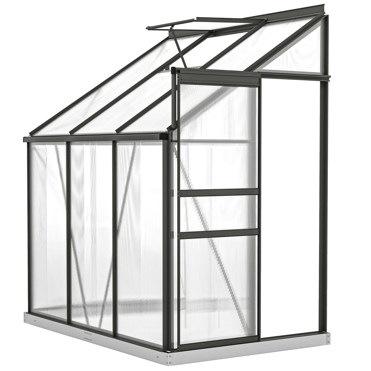 Aluminum Lean-to Greenhouse Polycarbonate Walk-in Greenhouse with Rain Gutter and Sliding Door, 6' x 4', Dark Grey