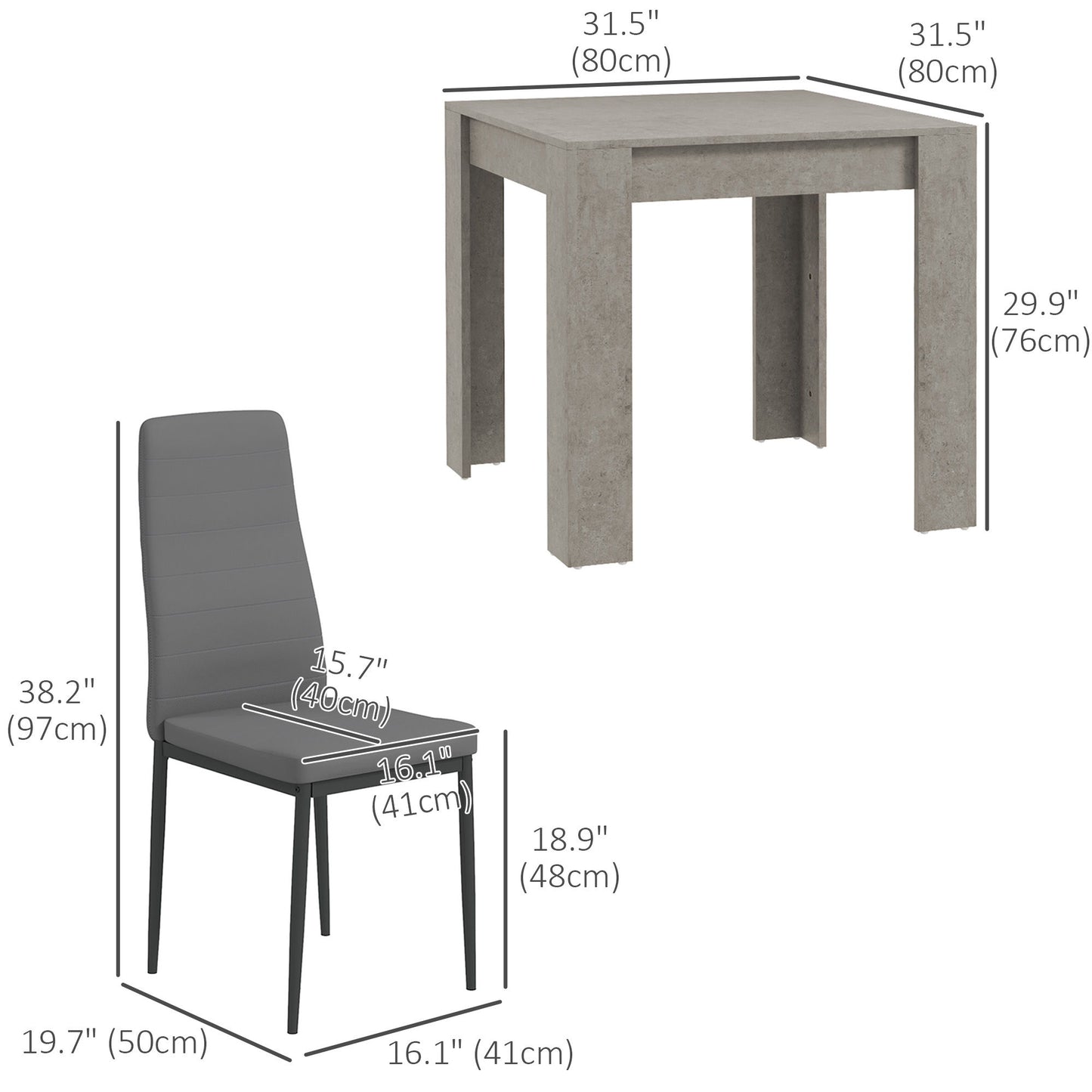 Dining Table Set for 2, Square Kitchen Table and Chairs, Dining Room Table and PU Leather Upholstered Chairs, Grey
