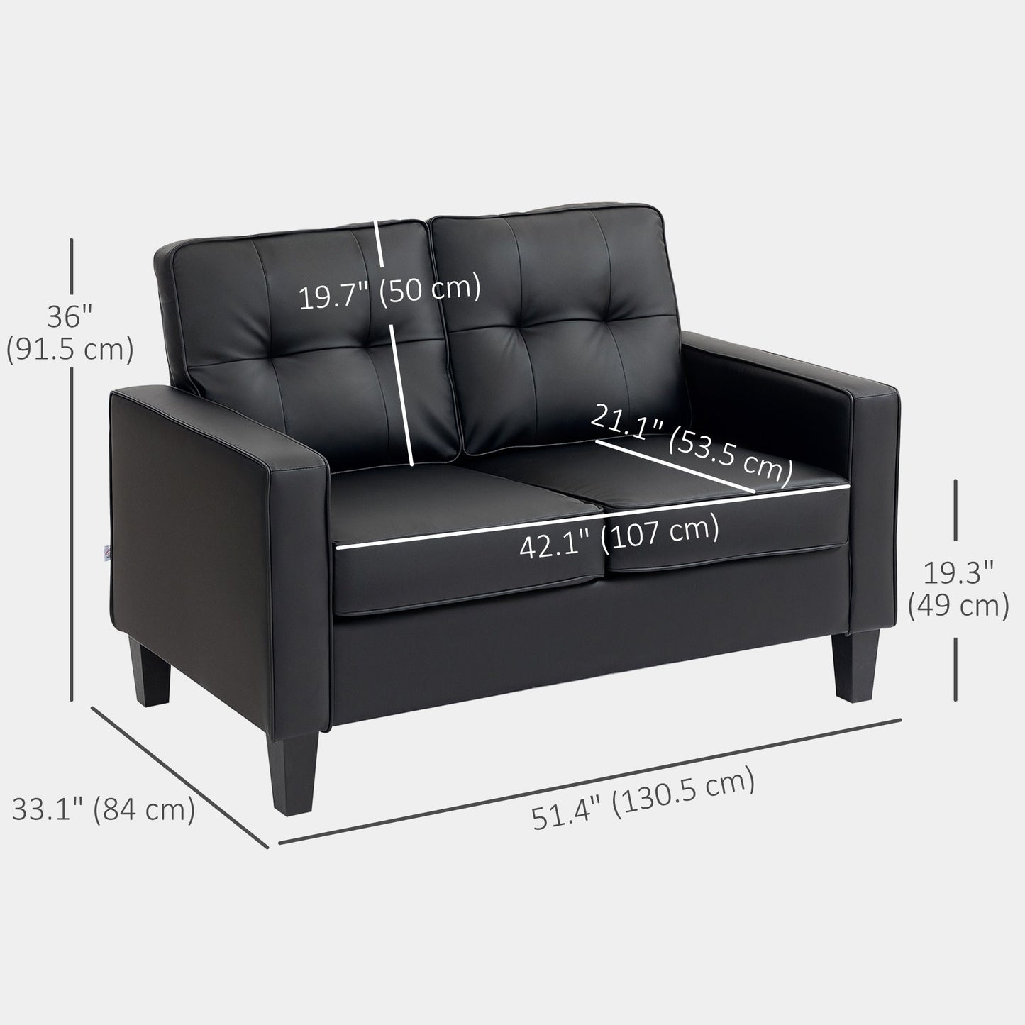 51" Double Sofa Couch, Upholstered PU Leather Loveseat with Armrests, Tufted Backrest, Cushion, Black