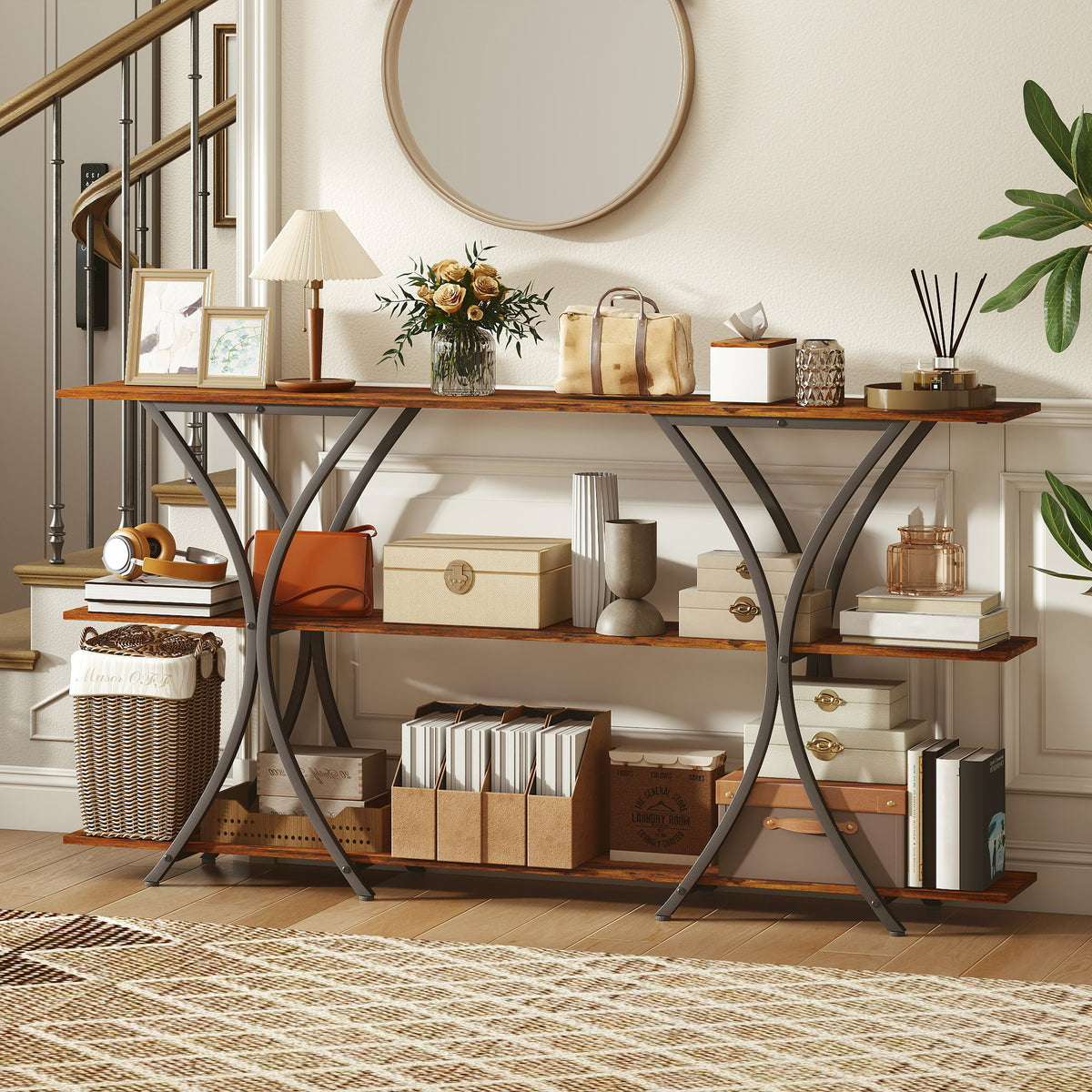 71" Console Table, 3-Tier Industrial Entryway Table with 2 Storage Shelves for Living Room, Hallway, Rustic Brown