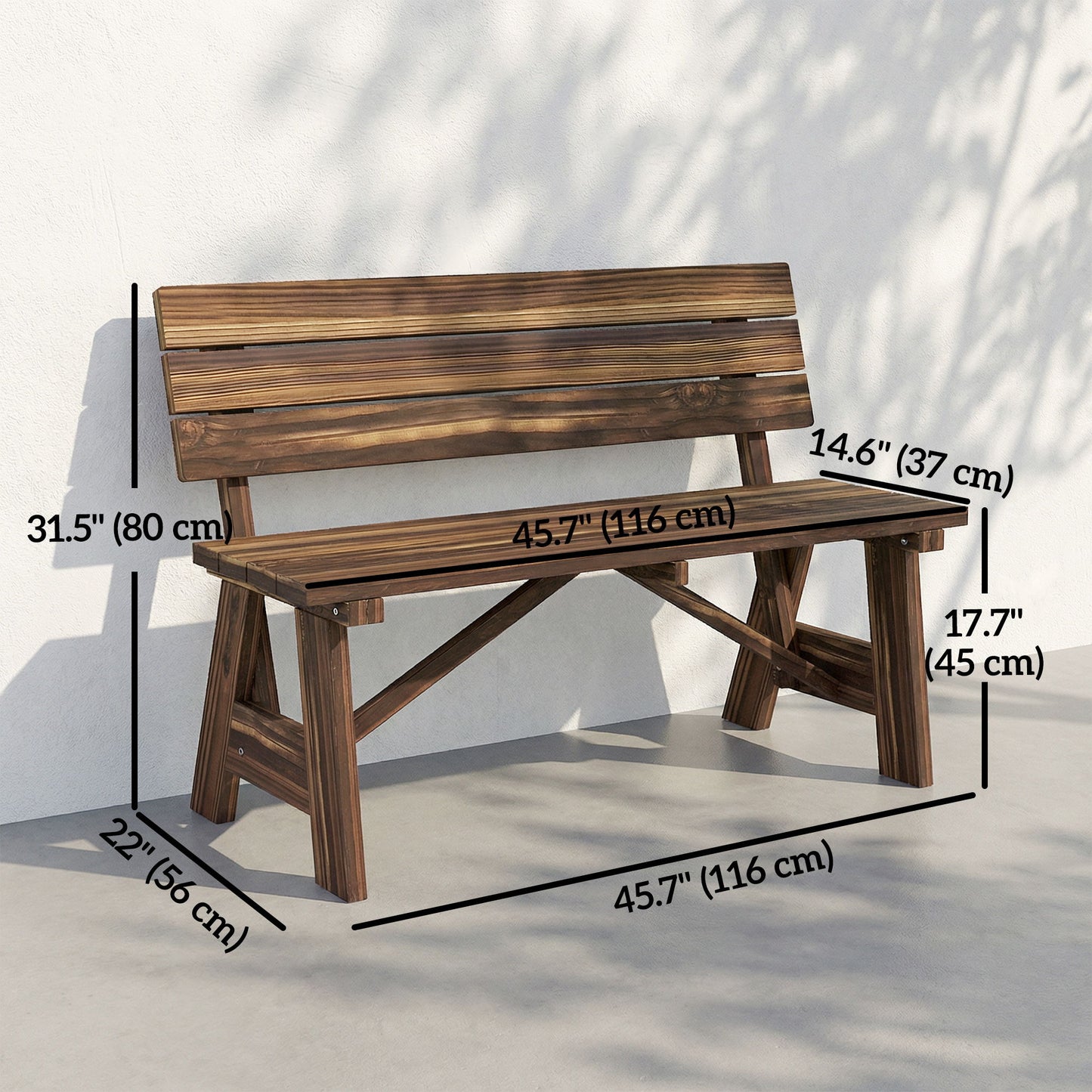 Wooden Garden Bench for Outdoor, 2-person Patio Bench, Loveseat Furniture, Carbonized