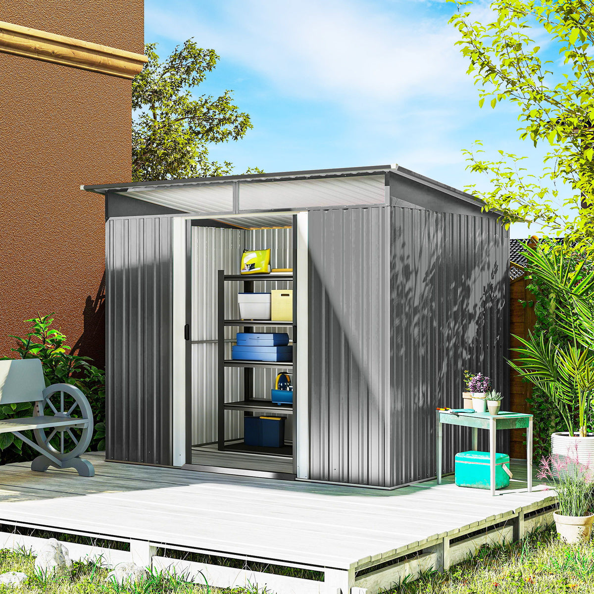 9' x 6.5' Outdoor Metal Garden Shed Utility Tool Storage Steel Backyard Storage House, Light Grey