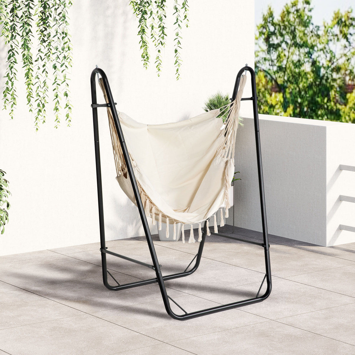 Hammock Chair with U Shape Stand, Hammock Swing Chair with A Side Pocket, Cream White
