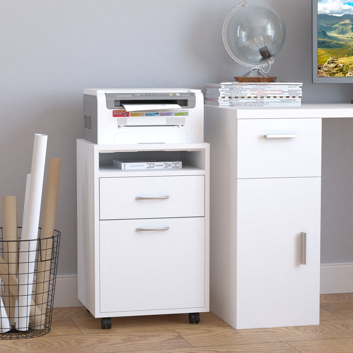 24" Small Filing Cabinet with Open Compartment, Drawer and Wheels, Home Office Storage Cabinet, White