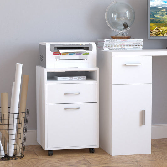24" Small Filing Cabinet with Open Compartment, Drawer and Wheels, Home Office Storage Cabinet, White